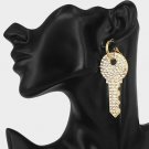 Gold Rhinestone Key Shaped Cute Fashion Trendy Dangle Earrings Bling Jewelry 3"
