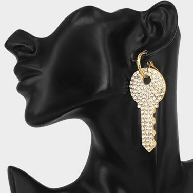 Gold Rhinestone Key Shaped Cute Fashion Trendy Dangle Earrings Bling Jewelry 3"