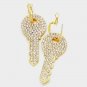 Gold Rhinestone Key Shaped Cute Fashion Trendy Dangle Earrings Bling Jewelry 3"