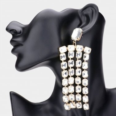 Gold Emerald Cut Crystal Dangle Earrings Fringe Chandelier Statement Jewelry