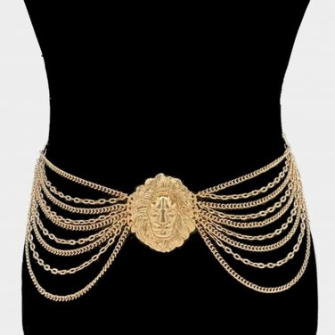 Gold Lionhead Medallion Chain Link Pendant Belt Metal Layered Fashion Statement