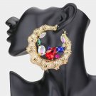 Gold Crystal Round Bamboo Doorknocker Hoop Earrings Trendy Fashion Accessory