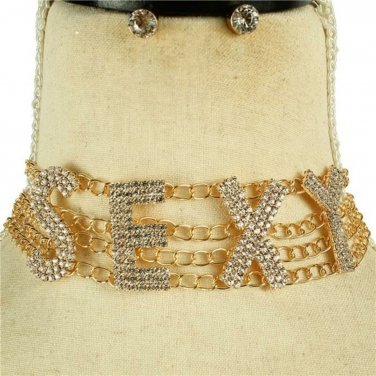 Gold SEXY Worded Crystal Choker Trendy Chain Set Bling Rhinestone