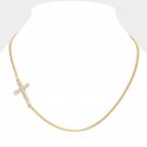 Gold Sideways Cross Pendant Necklace Chain Rhinestone Trend Statement Jewelry