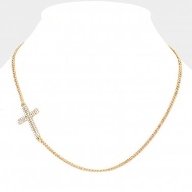 Gold Sideways Cross Pendant Necklace Chain Rhinestone Trend Statement Jewelry