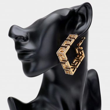 Gold Greek Key Patterned Rhinestone Crystal Square Hoop Earrings