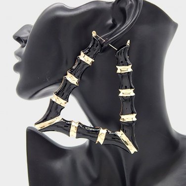 Black & Gold Triangle Bamboo Textured Cute DoorKnocker 3.5 Inches Hoop Earrings
