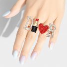 Gold Red Rhinestone Lipstick Heart 2 Finger Ring Statement Accessory Jewelry