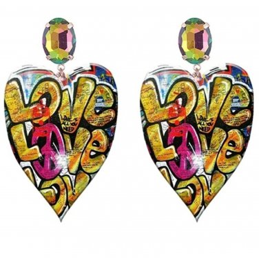Heart Shaped Crystal Graffiti Dangle Earrings Cute