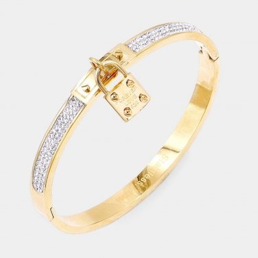 Gold Stainless Steel Metal Lock FOREVER LOVE Crystal Bangle Evening Bracelet