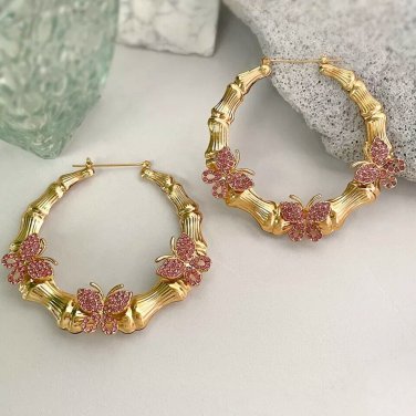 Pink Gold Rhinestone Crystal Butterfly Bamboo Fashion Jewelry Hoop Earrings