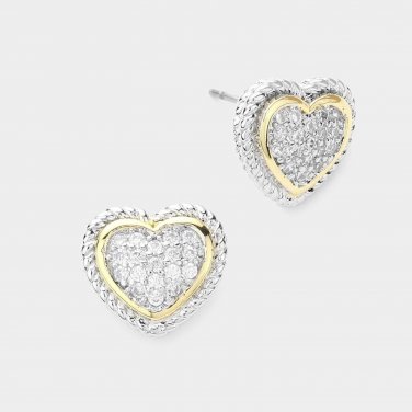 Silver Two Tone Heart Cubic Zirconia Stud Earrings Gold Fashion Accessories