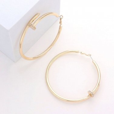 Gold Nail Screw Shaped 3 Inch Hoop Earrings Rhinestone Fashion Statement Jewelry