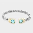 Aqua Blue Gold Cushion Square Stone Silver Cable Cuff Bracelet Jewelry