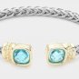 Aqua Blue Gold Cushion Square Stone Silver Cable Cuff Bracelet Jewelry