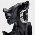Silver Greek Key Patterned Rhinestone Crystal Bling Circle Round Hoop Earrings