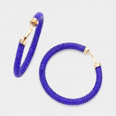 Gold Blue Stone Detail 2.5" Rhinestone Hoop Crystal Pave Round Bling Sparkling