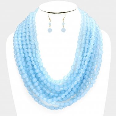 Blue Multi Chain Bead Necklace and Earrings Set Layered Strand