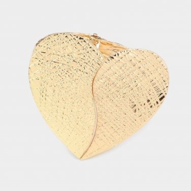 Gold Heart Metal Hinged Bracelet Fashion Jewelry Textured Statement Chunky Style