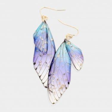 Lucite Blue Purple Dangle 3 Inch Butterfly Wing Earrings Cute Fun Charm Flake
