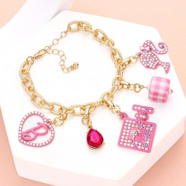 Pink Gold Beaded Barbie Charm Teardrop Crystal Bracelet B Monogram Perfume Heart