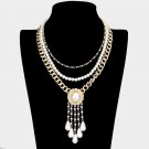 Cream Gold Pendant Link Necklace Chain Triple Layered Pearl Beaded Statement
