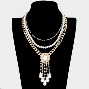 Cream Gold Pendant Link Necklace Chain Triple Layered Pearl Beaded Statement