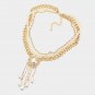 Cream Gold Pendant Link Necklace Chain Triple Layered Pearl Beaded Statement