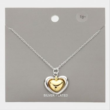 Silver Plated Double Heart Charm Pendant Necklace Two Tone Statement Jewelry