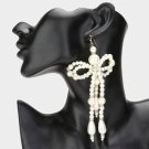 Gold and Cream Pearl Dangle Earrings 5.25" Oversized Bow Beaded Statement