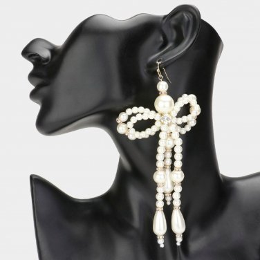 Gold and Cream Pearl Dangle Earrings 5.25" Oversized Bow Beaded Statement