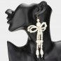 Gold and Cream Pearl Dangle Earrings 5.25" Oversized Bow Beaded Statement