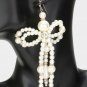 Gold and Cream Pearl Dangle Earrings 5.25" Oversized Bow Beaded Statement