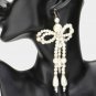 Gold and Cream Pearl Dangle Earrings 5.25" Oversized Bow Beaded Statement