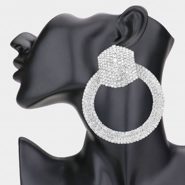 Big Bold Rhinestone Silver Hoop Earrings Circle Pave Crystal Statement Jewelry