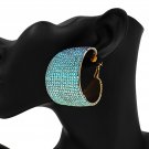 Blue Crystal Hoop Earrings Wide Bold 1.75" Trend Fashion Statement Accessory