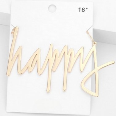 Gold HAPPY Word Pendant Statement Necklace Jewelry