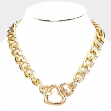Gold Heart Necklace Open Metal Pendant Chain Link Statement Jewelry