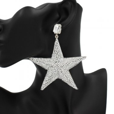 Silver Rhinestone Crystal Geometric Star Shape Dangle Earrings Womens Drop Metal