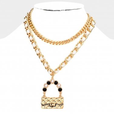 White Gold Chain Link Necklace Pearl Bag Pendant 2 Piece Leather Metal Statement