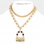 White Gold Chain Link Necklace Pearl Bag Pendant 2 Piece Leather Metal Statement