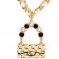 White Gold Chain Link Necklace Pearl Bag Pendant 2 Piece Leather Metal Statement