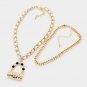 White Gold Chain Link Necklace Pearl Bag Pendant 2 Piece Leather Metal Statement