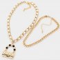 White Gold Chain Link Necklace Pearl Bag Pendant 2 Piece Leather Metal Statement