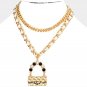 White Gold Chain Link Necklace Pearl Bag Pendant 2 Piece Leather Metal Statement
