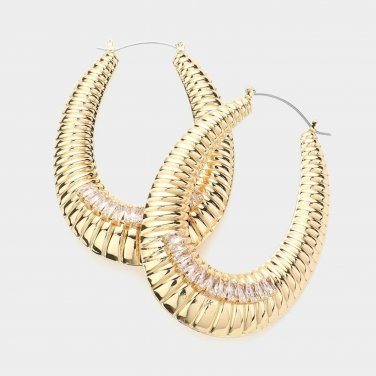 Gold Hoop Earrings 2.75" Baguette Stone Crystal Metal Womens Oval