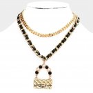 Black Gold Chain Link Necklace Pearl Bag Pendant 2 Piece Leather Metal Statement