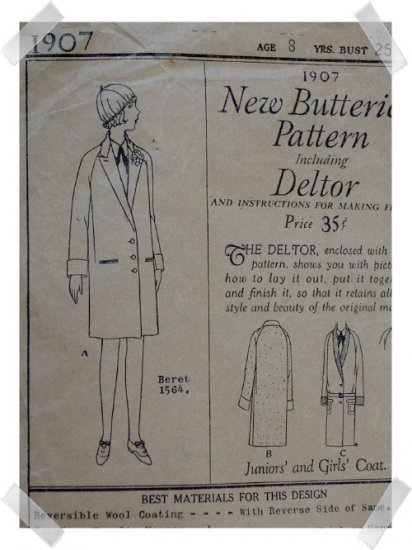 Butterick #1907 Sz 8 Girls Coat/Beret Patterm c. 1920