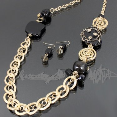 beautiful long goldtone/black chunky necklace and earring