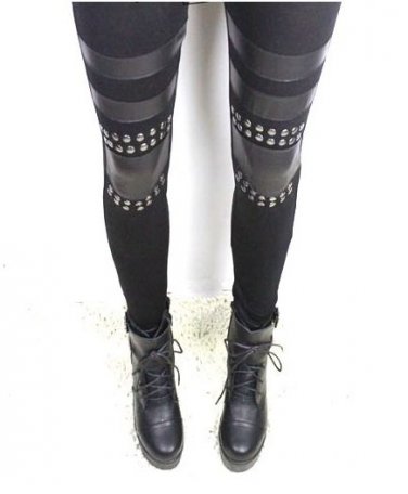 Sexy black patched work rivets tight leggings